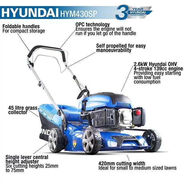 Hyundai 17" / 42cm 139cc Self-Propelled Petrol Lawnmower, 25-75mm Cuts, Rear Discharge