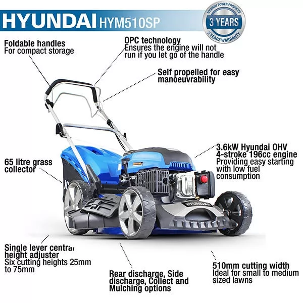 Hyundai 20" / 51cm 196cc 4-in-1 Self-Propelled Petrol Lawnmower, Mulch, Rear & Side Discharge, Hose Connector