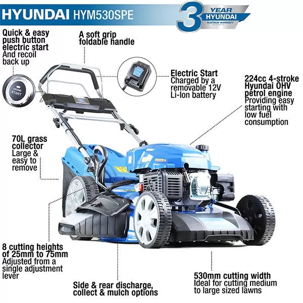 Hyundai 21'' / 53cm 224cc 4-in-1 Electric-Start Self-Propelled Petrol Lawnmower, Mulch, Rear & Side Discharge, Hose Connector