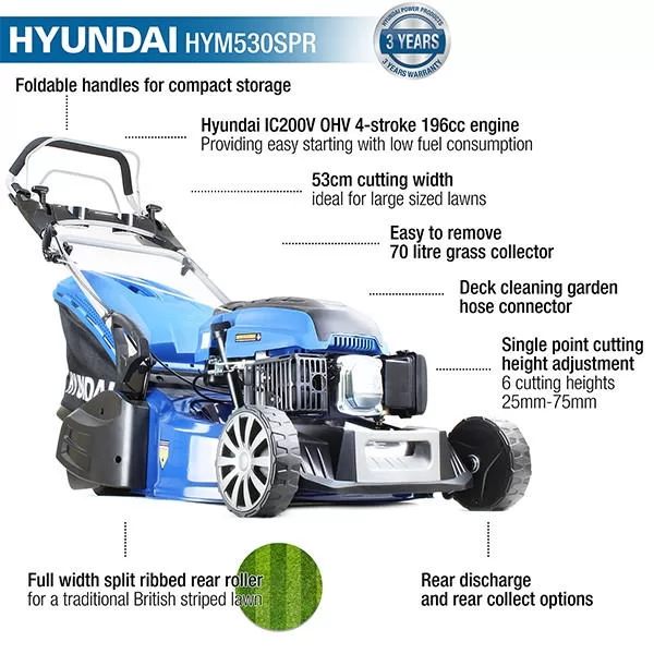 Hyundai HYM530SPR Self-Propelled Petrol Lawn Mower with Rear Roller