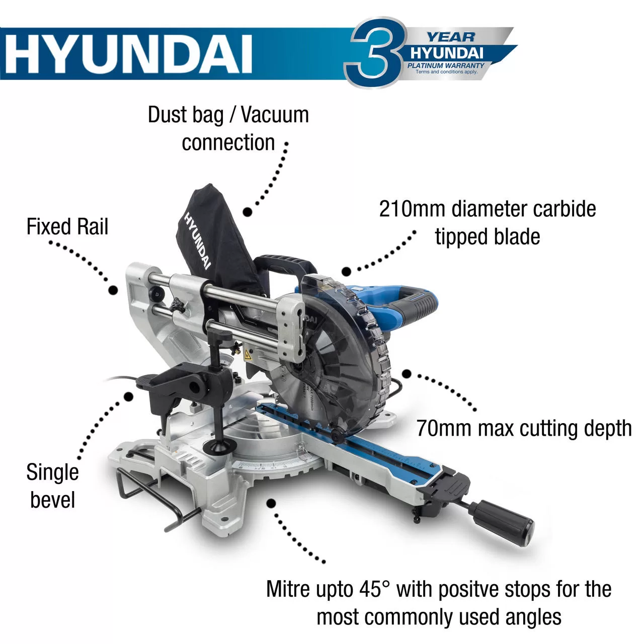 Hyundai 1500W Electric Mitre Saw / Chop Saw with 210mm Blade, 230V