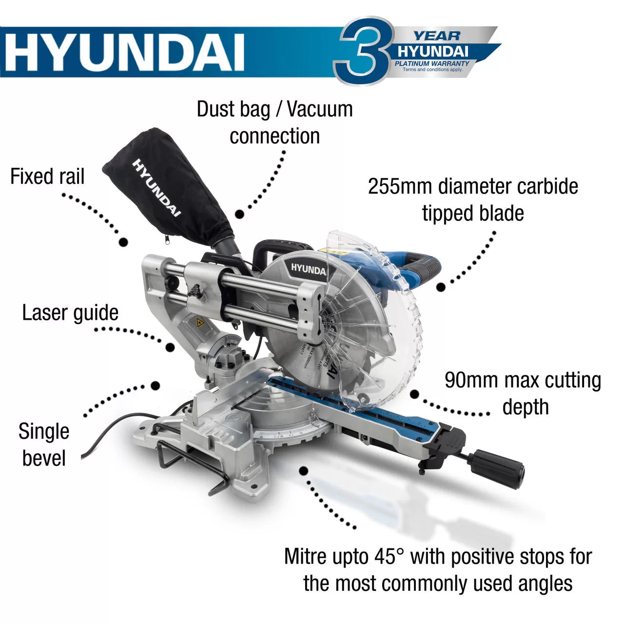 Hyundai 2000W Electric Mitre Saw / Chop Saw with 255mm Blade, 230V