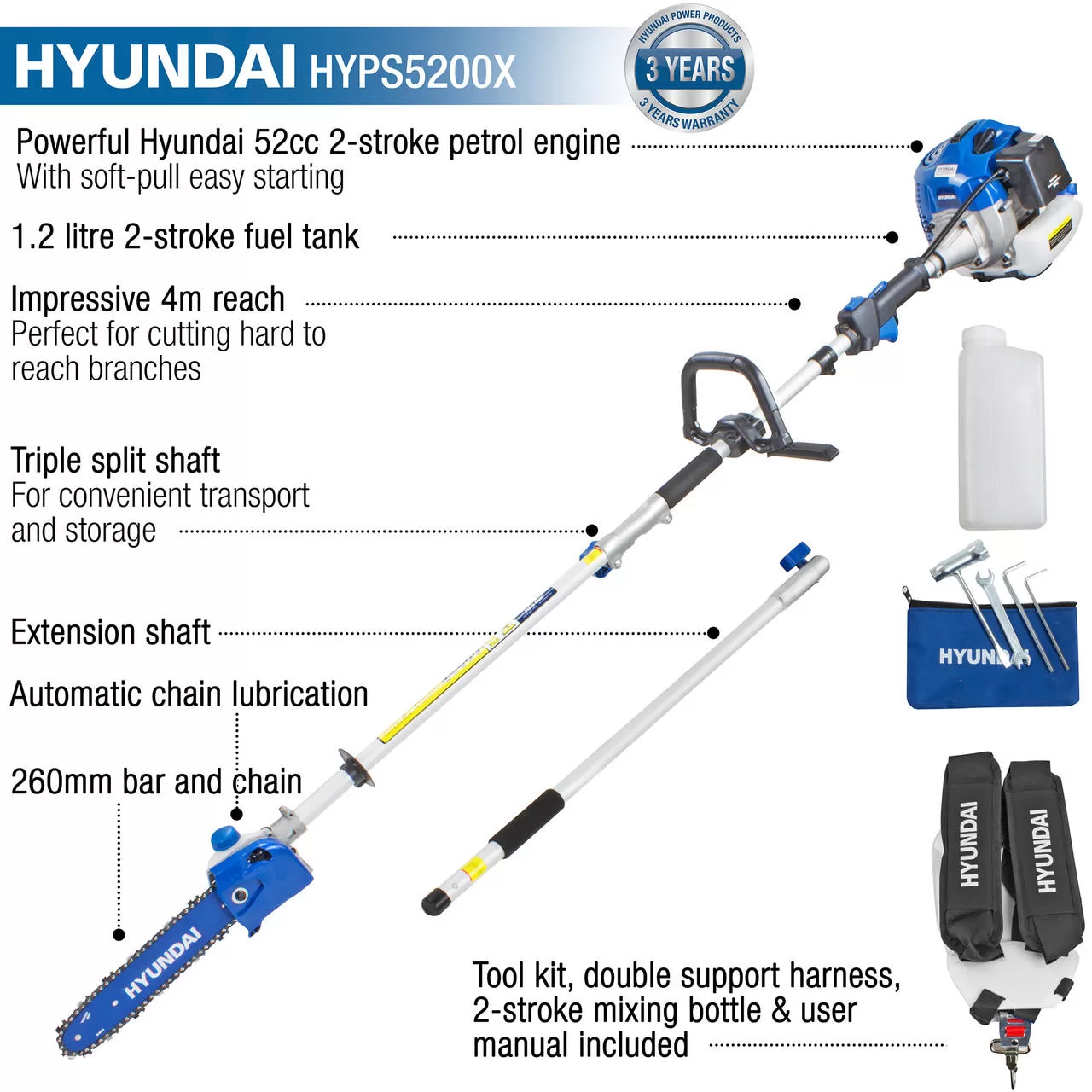 Hyundai 52cc Petrol Pole Saw Pruner Chainsaw 2.7m Long Reach 260mm Cutting Width