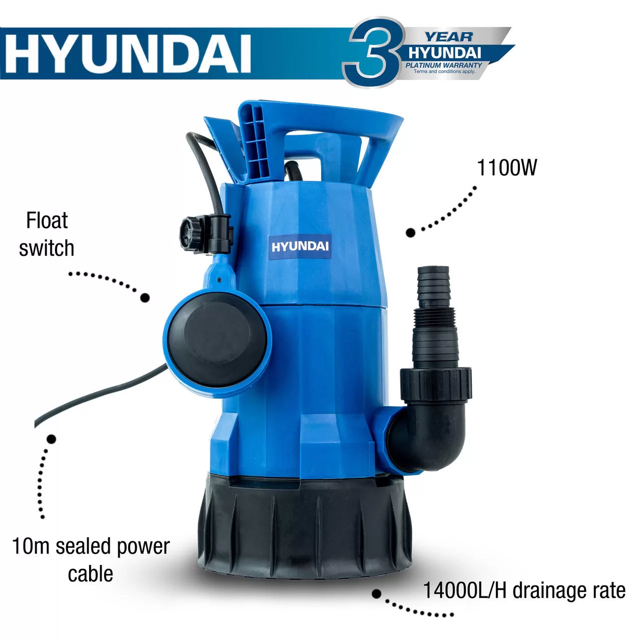 Hyundai 1100W Submersible Water Pump, 25-32mm / 1- 1/2'' Hose, Clean and Dirty Water, 7m Lift