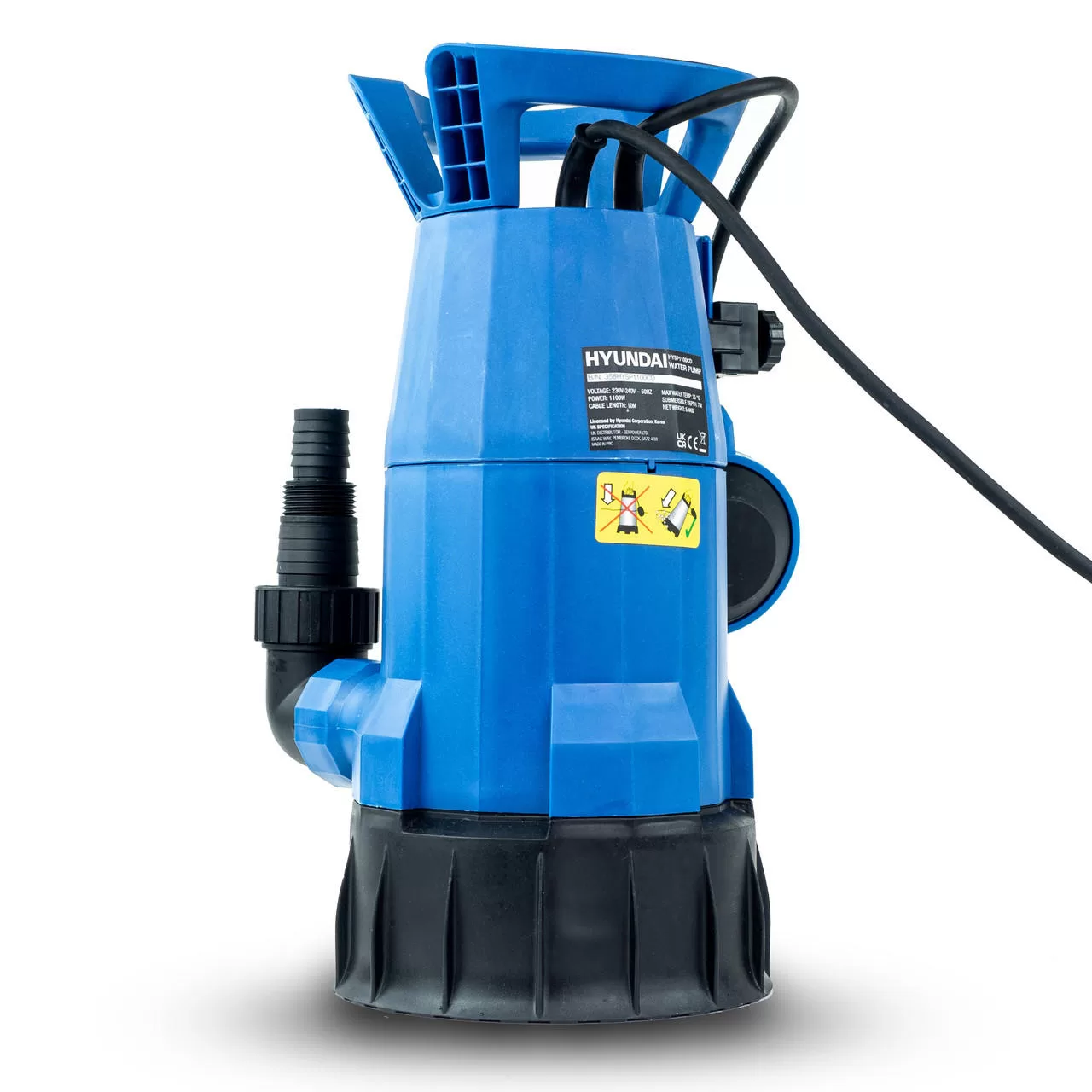 Hyundai 1100W Submersible Water Pump, 25-32mm / 1- 1/2'' Hose, Clean and Dirty Water, 7m Lift
