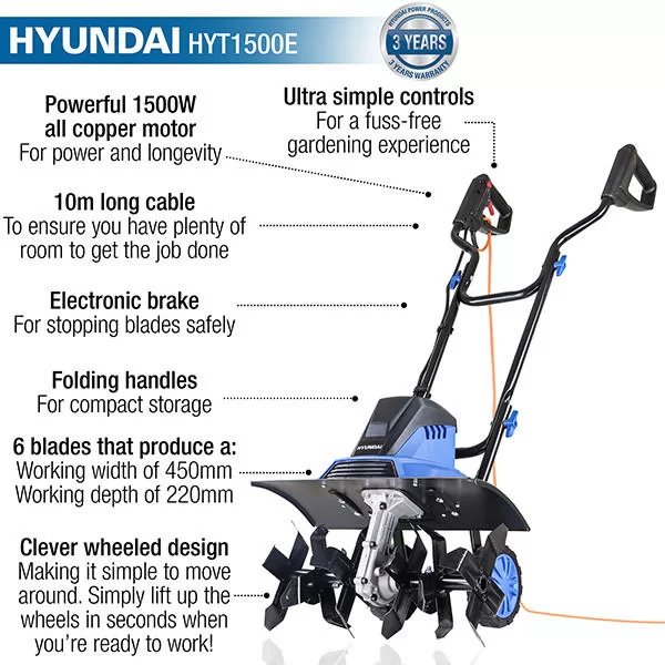 Hyundai 1500W 45cm Electric Garden Tiller, Cultivator, Rotavator and Rototiller 4 x 6 Blades