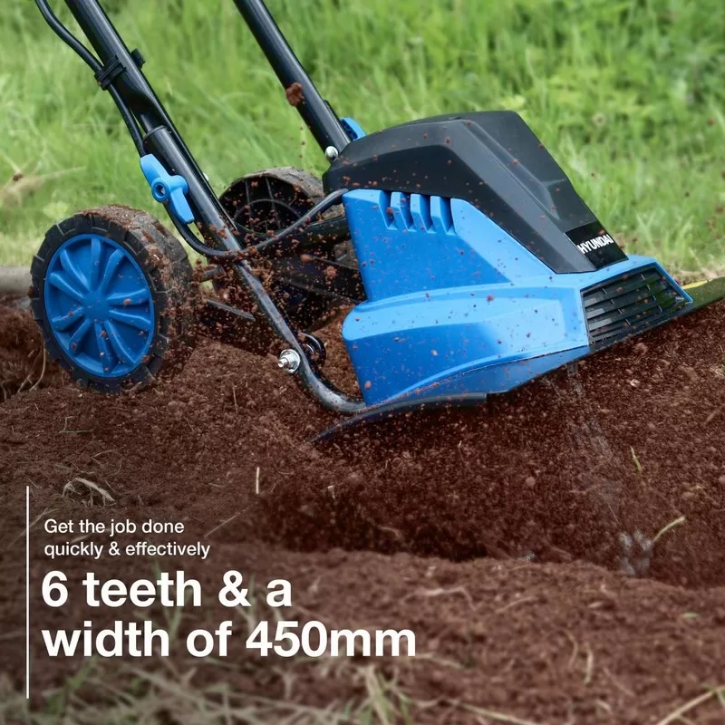 Hyundai 1500W 45cm Electric Garden Tiller, Cultivator, Rotavator and Rototiller 4 x 6 Blades