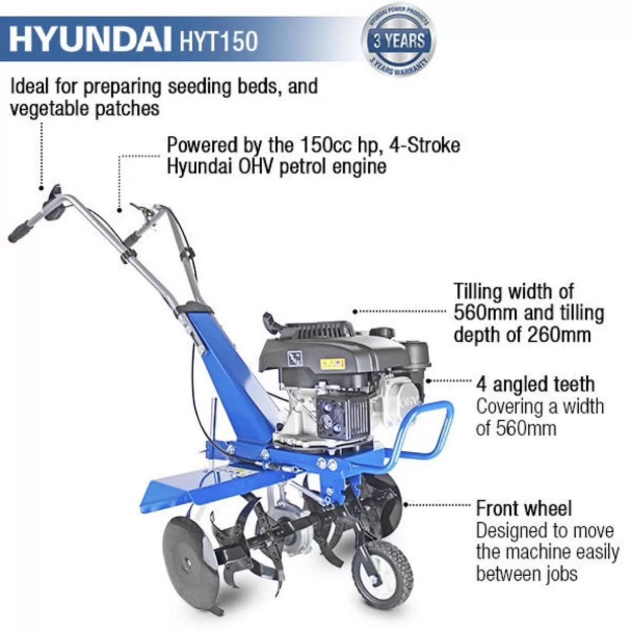 Hyundai 150cc 56cm Petrol Garden Tiller, Cultivator, Rotavator and Rototiller 4-Stroke 2.7kW 6 x 4 Blades