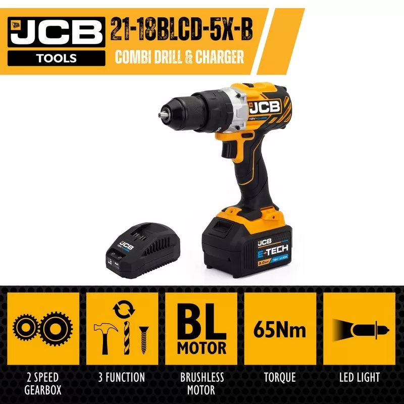 JCB 18V 65Nm Brushless, Variable Speed Combi Drill with 5.0Ah Li-ion Battery & 2.4A Charger