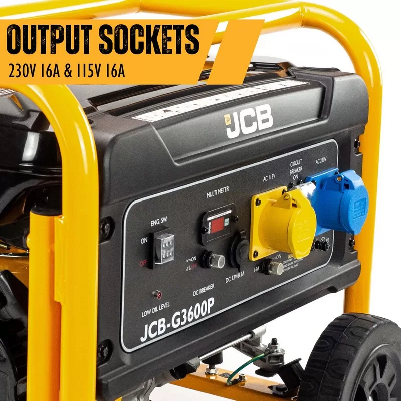 JCB 3.6kW / 4.5kVA Petrol Site Generator 115V / 230V 7.5hp 224cc JCB Engine, Recoil Pull Start