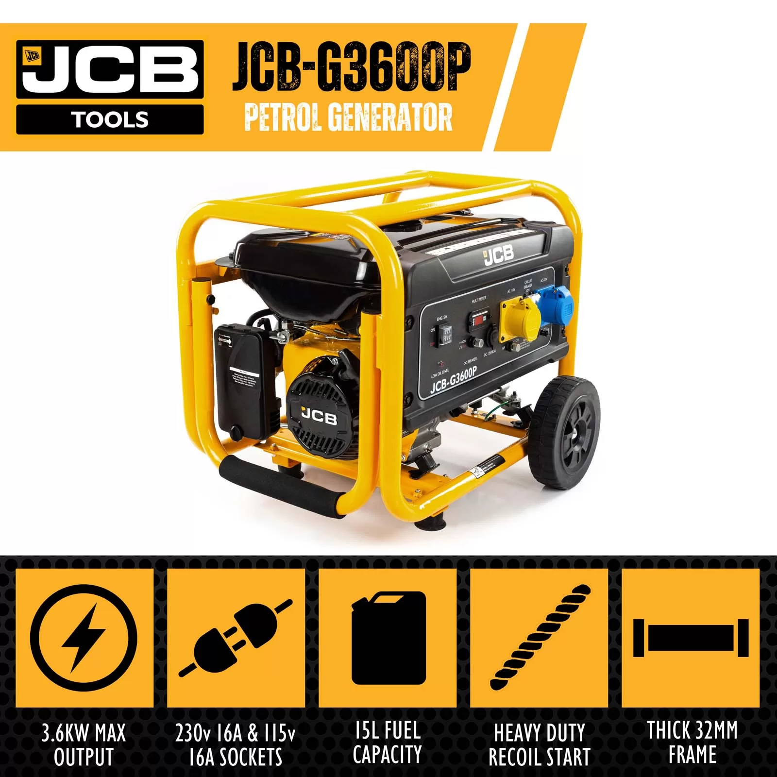 JCB 3.6kW / 4.5kVA Petrol Site Generator 115V / 230V 7.5hp 224cc JCB Engine, Recoil Pull Start