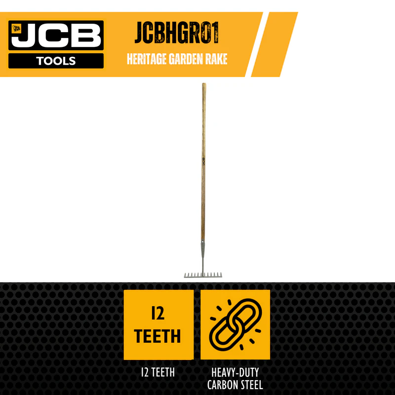 JCB 12 Teeth Heritage Garden Rake, Heavy-duty Carbon Steel and Ash Wood Shaft