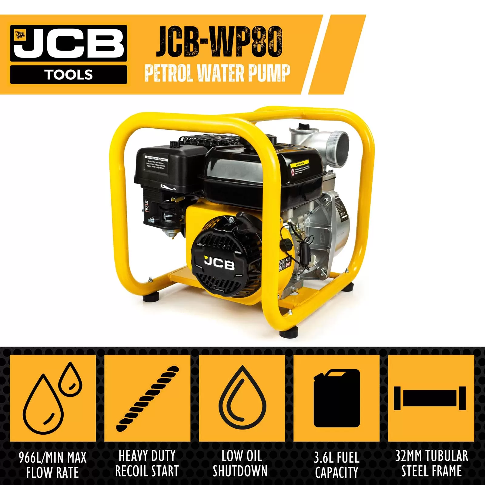 JCB 80mm 3’’ / 75mm Professional Petrol Water Pump, 966L/min, 7.5hp, 244cc, 4-Stroke