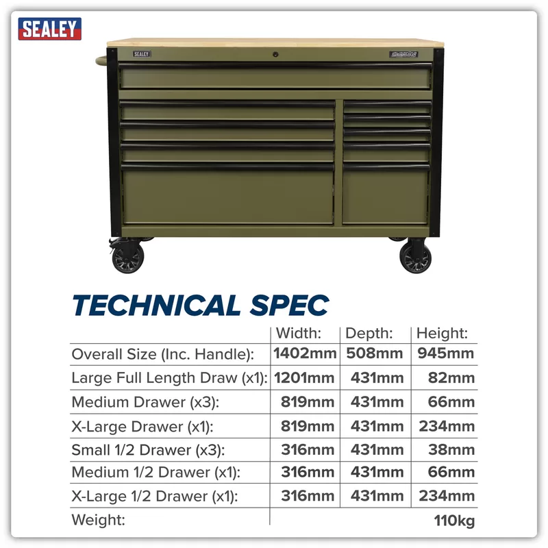 Sealey Superline PRO® Mobile Trolley with Wooden Worktop & Power Bar 10 Drawer 1320mm