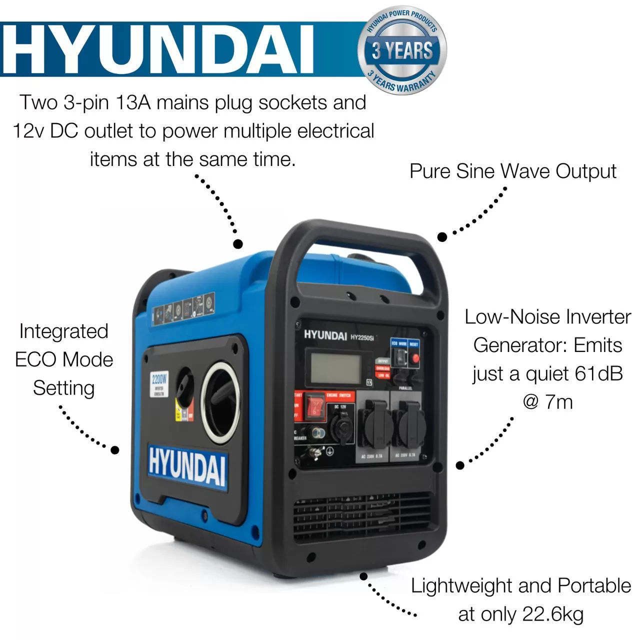 Hyundai 2.2kW Petrol Inverter Generator (Recoil start)